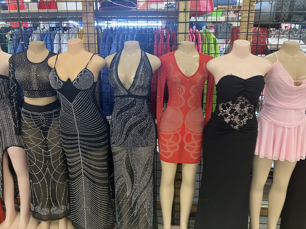 Rhinestone gowns and dresses on mannequins